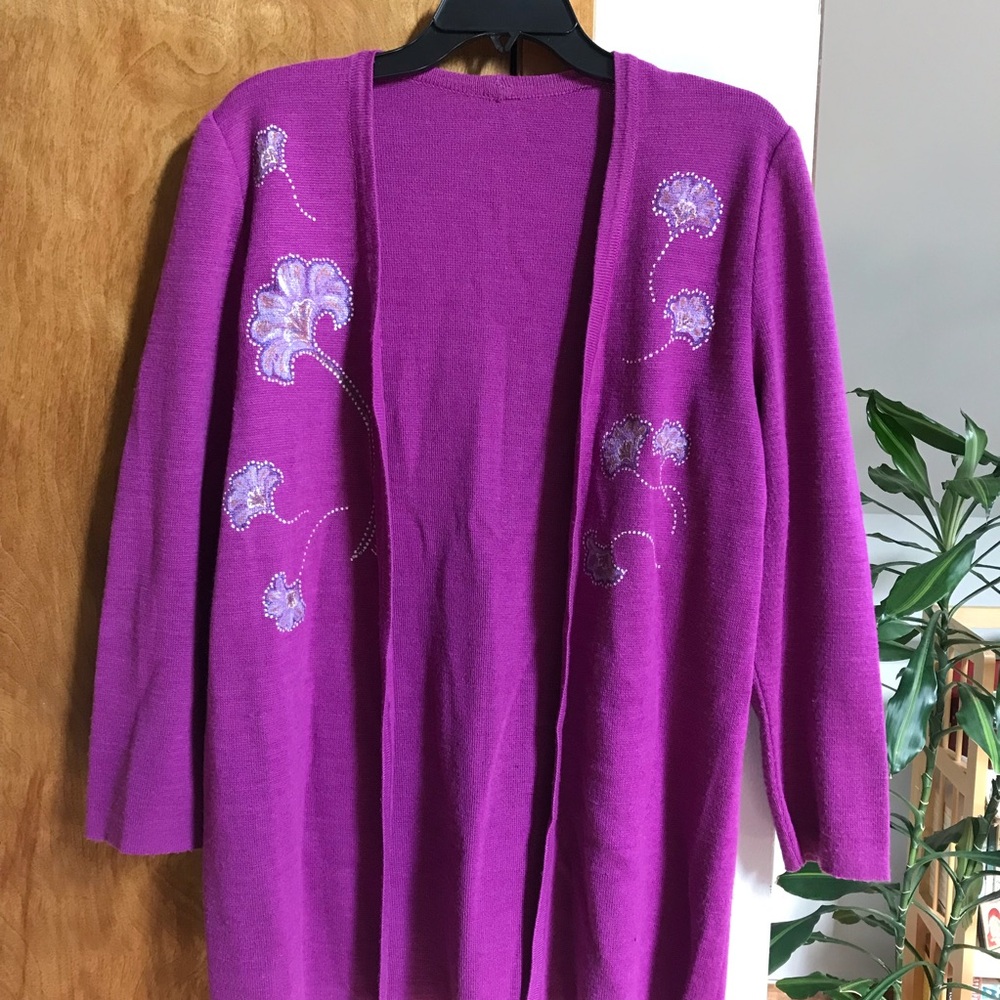 Vintage Hand Painted Pink Knit Sweater Cardigan Long Sleeve Ginkgo Leaves Unique - Picture 3 of 4
